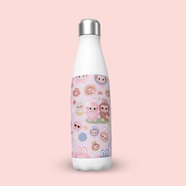 A single view of a white stainless steel water bottle showcasing a wrap-around custom design of cheerful, animated Labubu-like creatures in a pastel color palette.