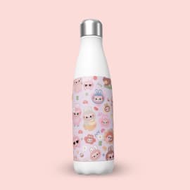 A view of a white stainless steel water bottle from a different angle, displaying a seamless pattern of a variety of whimsical Labubu-inspired characters and elements.