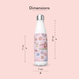 An image showing the dimensions of the custom stainless steel water bottle with a Labubu-inspired pattern, indicating a height of 27 cm, a diameter of 7 cm, and a label height of 11 cm.

