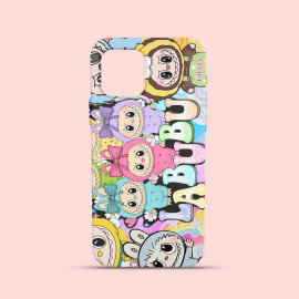 A vibrant custom phone case featuring a collage of colorful LABUBU characters in various outfits and poses against a multi-colored background. The phone case is shown on a solid peach-colored surface,