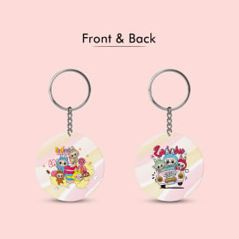 A top-down view of a circular, double-sided keychain featuring the Labubu characters on a sweet-themed background. The image highlights the keychain's 6.5cm diameter with a measurement graphic.