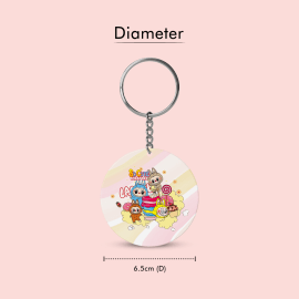 Two identical circular, double-sided keychains displayed side-by-side. The left keychain shows the front design with Labubu characters and sweets, while the right keychain shows the back design with t