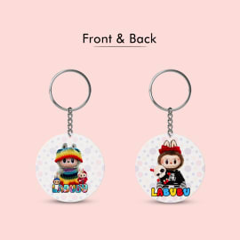 A single, circular plastic keychain featuring a colorful Labubu character wearing a knitted hat. The image highlights the keychain's 6.5cm diameter.

