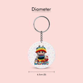 Two circular plastic keychains shown side-by-side, representing the front and back of the product. The front features a Labubu character with a knitted hat, and the back shows a different Labubu chara
