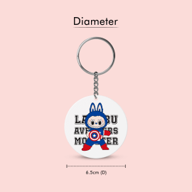 A circular plastic keychain featuring the character Labubu dressed as Captain America. The text 