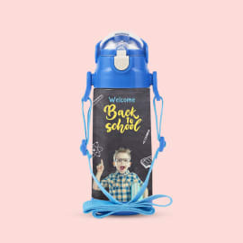 A stainless-steel water bottle for kids with a chalkboard-style design that says 