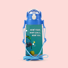 A close-up shot of a teal, customizable stainless-steel water bottle for kids with a blue cap and a carrying strap. The bottle features a graphic of a backpack and the text 