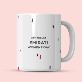 A two-sided view of the same mug. The left side shows the text 