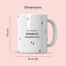 A front view of the mug with its dimensions labeled. The height is 9.6 cm and the diameter is 8 cm.