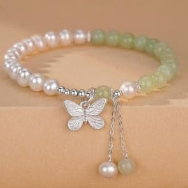 Elegant Pearl & Green Bead Butterfly Bracelet