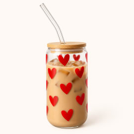 Heart Pattern Glass Tumbler with Bamboo Lid & Straw