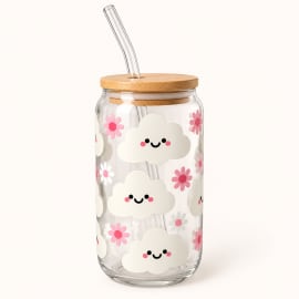 Cute Cloud & Flower Glass Jar with Bamboo Lid & Straw