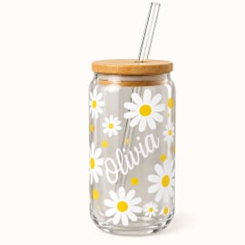 Personalized Daisy Glass Jar with Bamboo Lid & Straw