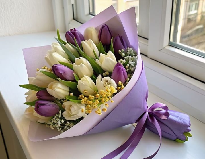 Elegant Purple & White Tulip Bouquet