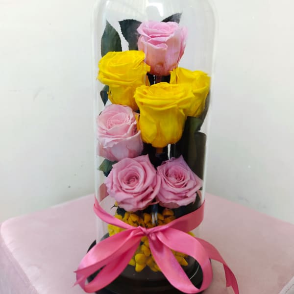 Preserved Pink and Yellow Roses in Glass jar