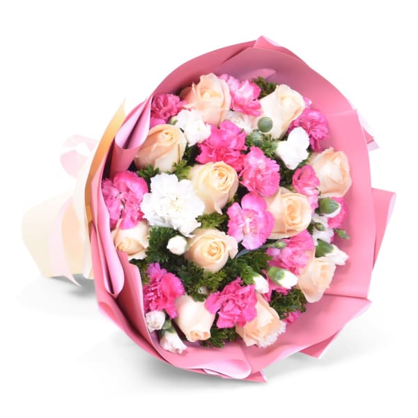 Peach Roses Bouquet with white and pink carnation, in elegant pink wrapping 