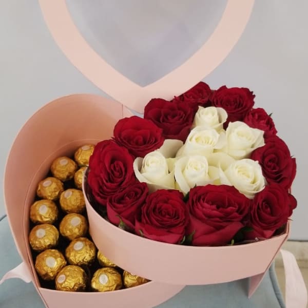 Red and White roses with Ferrero rocher chocolate in heart shape box