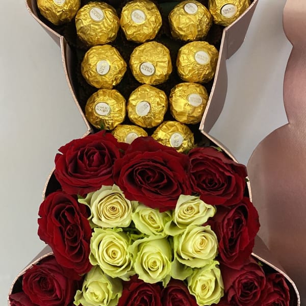 Red and White Roses with Ferrero Rocher chocolates in Bear shape Box.