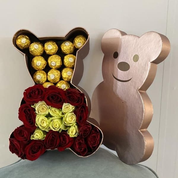 Red and White Roses with Ferrero Rocher chocolates in Bear shape Box.