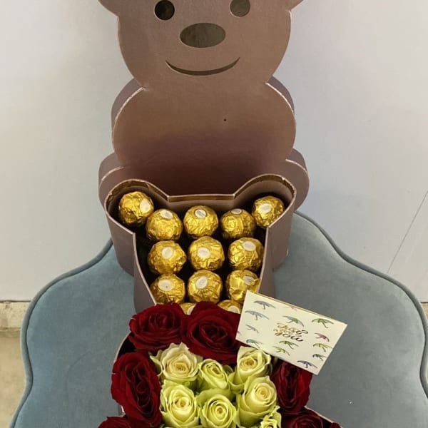 Red and White Roses with Ferrero Rocher chocolates in Bear shape Box.