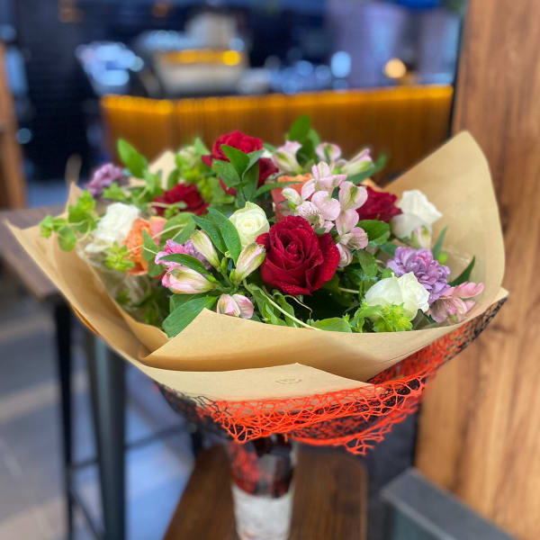 bouquet of red and white roses with rose 3d, Ruscus, alstroemeria, and carnations 