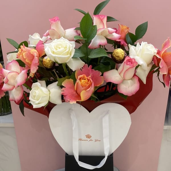 Heart shape box of 3d rose, white and pink roses, ruscus with Ferrero Rocher chocolate