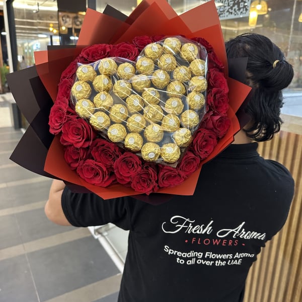 Heartwarming gift of roses and Ferrero Rocher chocolates, perfect for expressing love.