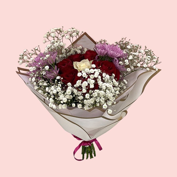 Bouquet of Red Roses with white rose and baby's breath filling  and alstroemeria .
