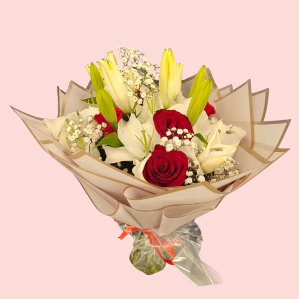 Mixed Flower Bouquet (Red roses, Lilies and white baby's breath)  