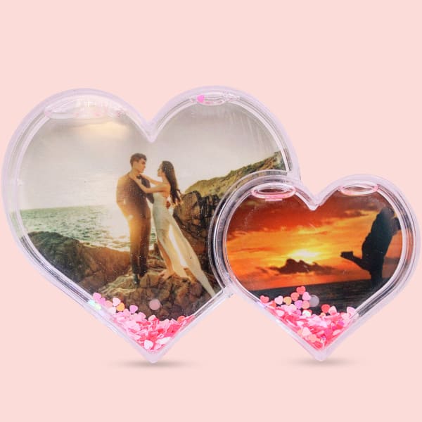 Heart-shaped photo frame with clear acrylic panel, ready for a personalized photo.