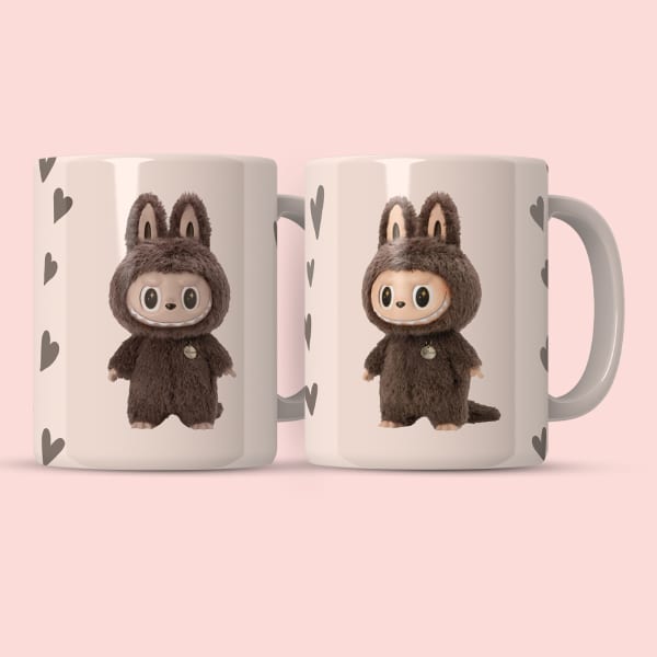Front view of ceramic mug with cute bunny plush character and hearts