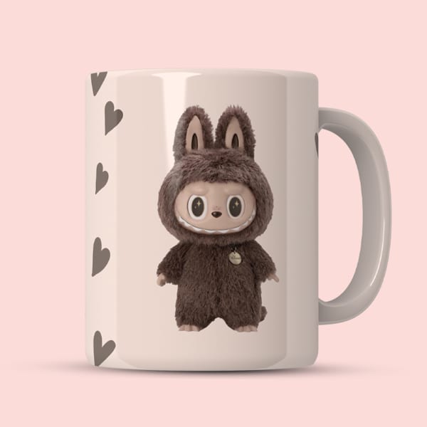 Close-up of bunny character on ceramic mug with starry eyes