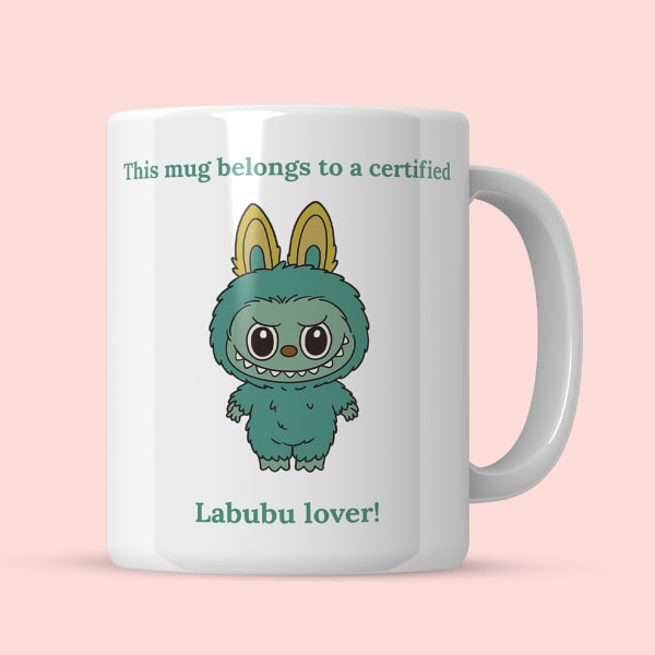Front view of Labubu ceramic mug with character and text “This mug belongs to a certified Labubu lover!
