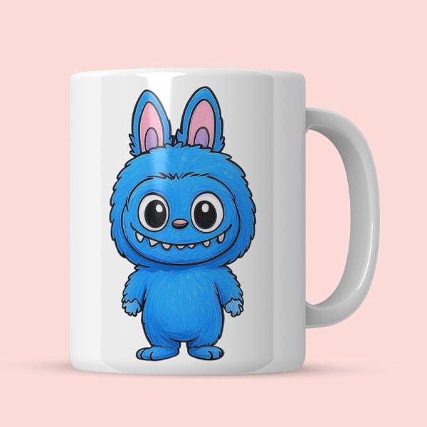 Front view of Labubu ceramic mug featuring blue monster design.