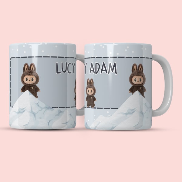 Front view of Labubu ceramic mug featuring blue monster design