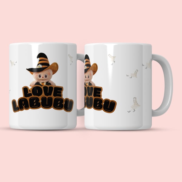 Front view of Love Labubu ceramic mug with character in witch hat