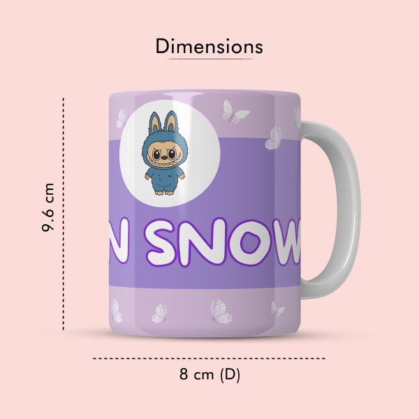 Dimensional view of Jon Snow mug showing 9.6 cm height and 8 cm diameter.