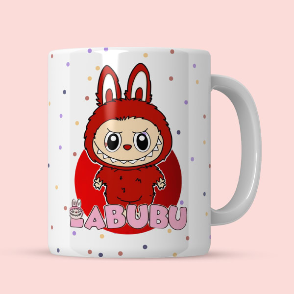 Labubu Ceramic Mug with colorful polka dots and a red character design.