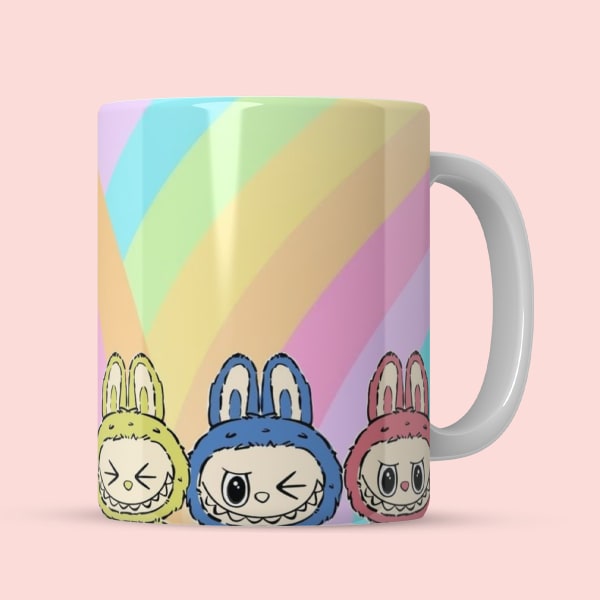 Full view of the Labubu Ceramic Mug featuring pastel-colored bunnies and a rainbow backdrop.