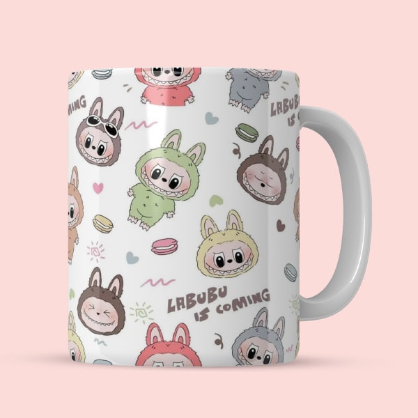 Close-up view of the Labubu mug