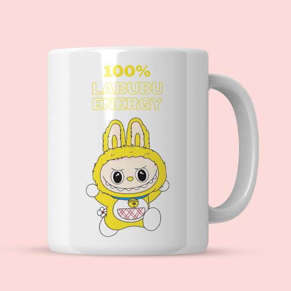 Ceramic printed mug with Labubu character and '100% Labubu Energy' text