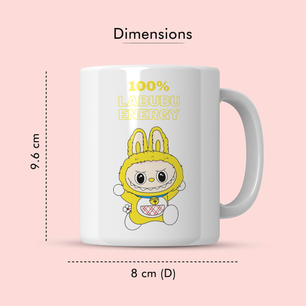 Side view of 100% Labubu Energy ceramic mug showing dimensions 9.6 cm height and 8 cm diameter