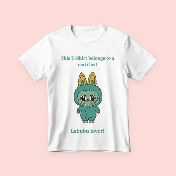 White Labubu T-shirt with green cartoon character and text 