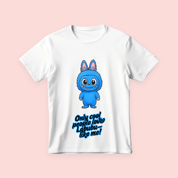 White T-shirt with blue Labubu cartoon and “Only cool people love Labubu—like me!” text design.
