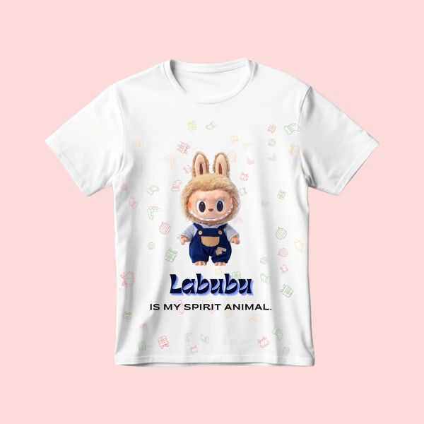 White Labubu T-shirt with cute bunny character and colorful doodles