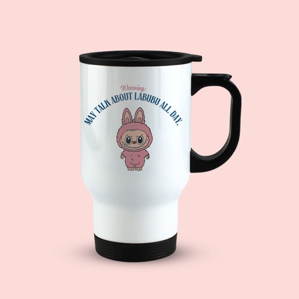 Labubu stainless steel travel mug with dimensions labeled