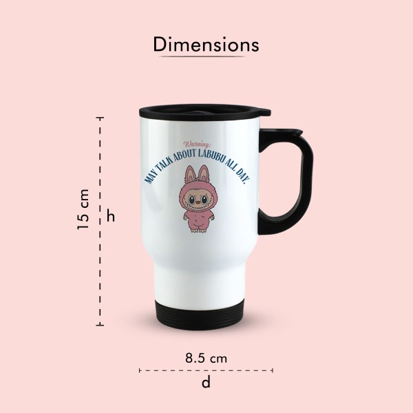 Close-up of Labubu stainless steel mug with cute character print