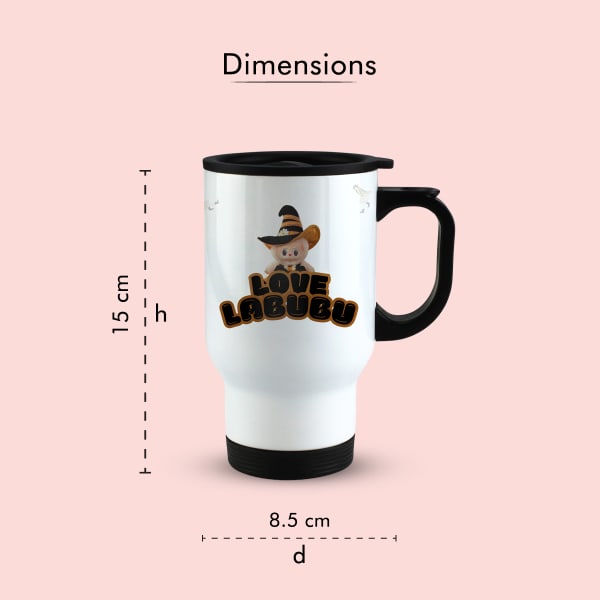 Travel mug with Love Labubu print and size dimensions.

