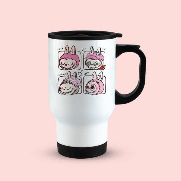 Labubu travel mug with height and diameter dimensions on pink background
