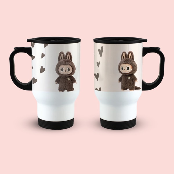 Cute Labubu bunny character on travel mug front view